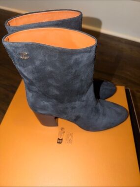 CHANEL Navy Suede Mid-Calf Boots with Orange Interior